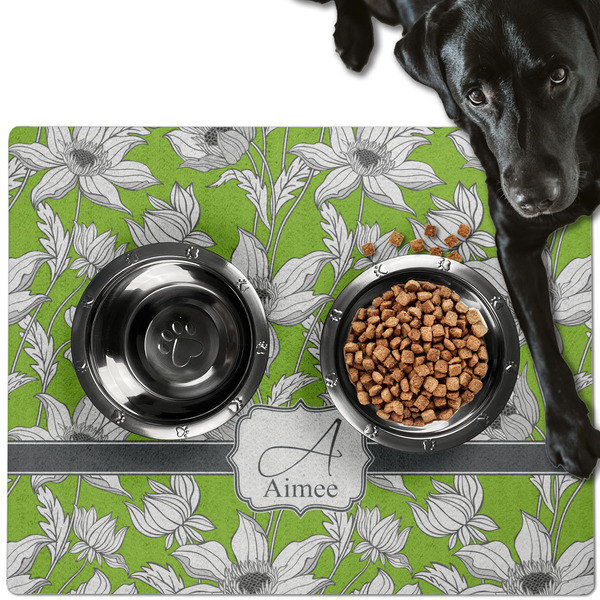 Custom Wild Daisies Dog Food Mat - Large w/ Name and Initial