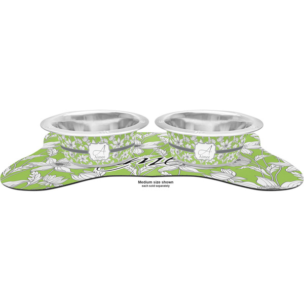 Wild Daisies Metal Pet Bowls - On Dog Bone Shaped Mat