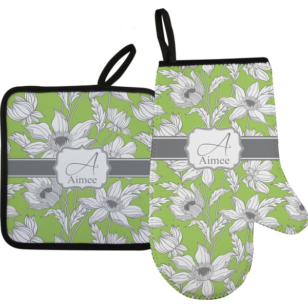 Custom Wild Daisies Right Oven Mitt & Pot Holder Set w/ Name and Initial