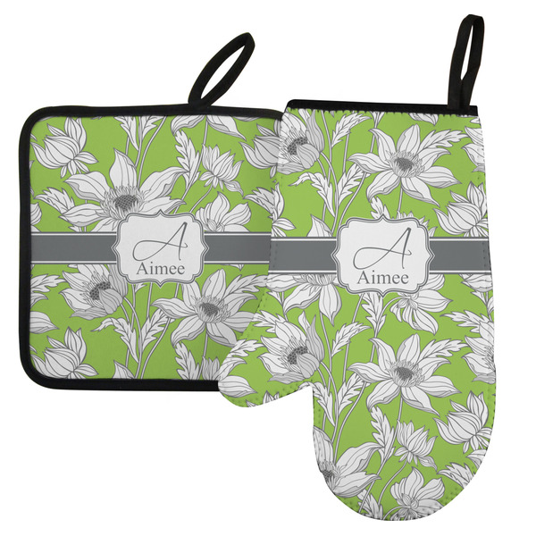 Custom Wild Daisies Left Oven Mitt & Pot Holder Set w/ Name and Initial