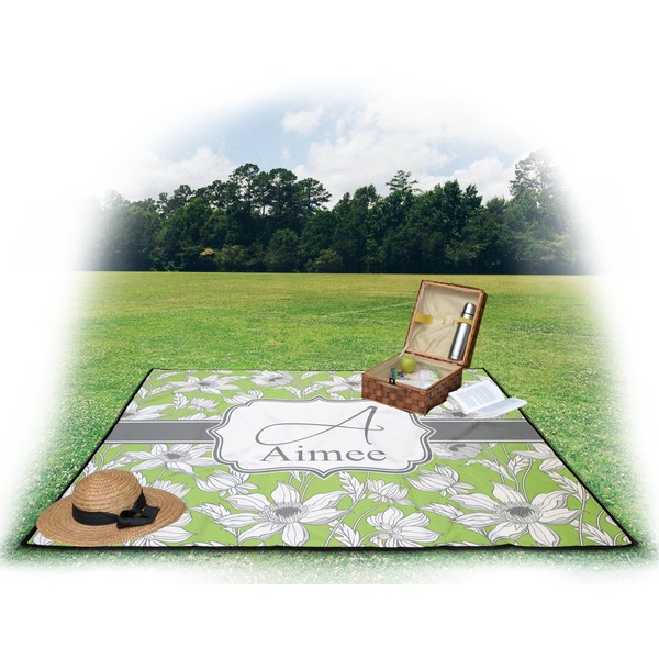 Wild Daisies Picnic Blanket - with Basket Hat and Book - in Use