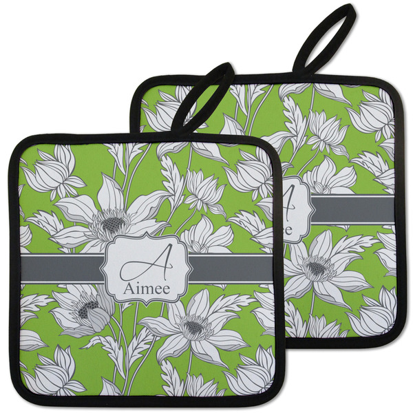 Custom Wild Daisies Pot Holders - Set of 2 w/ Name and Initial