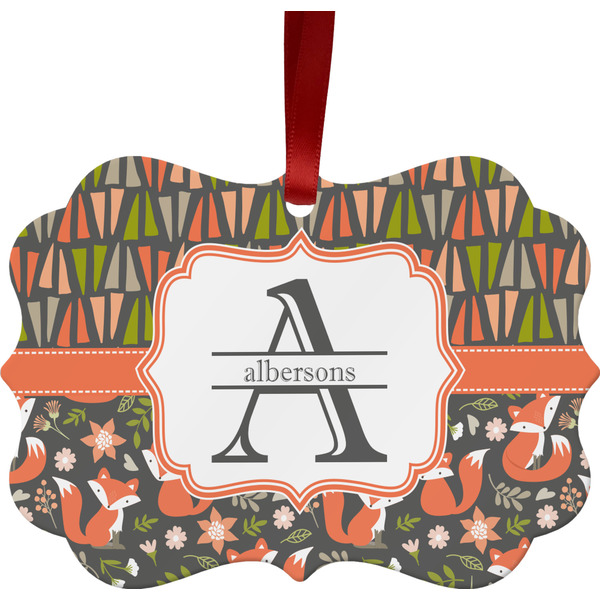 Custom Fox Trail Floral Metal Frame Ornament - Double Sided w/ Name and Initial