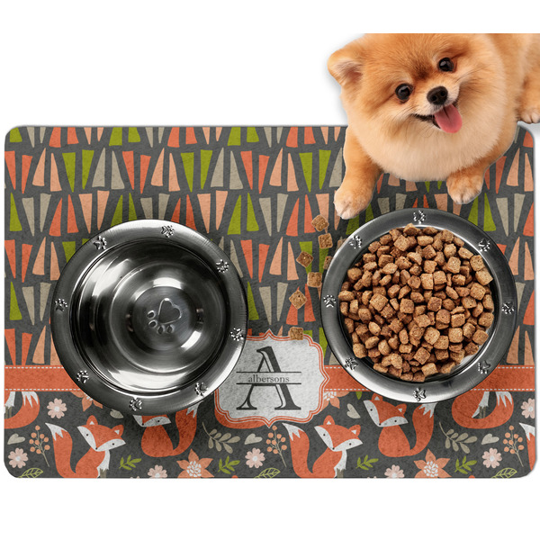 Custom Fox Trail Floral Dog Food Mat - Small w/ Name and Initial