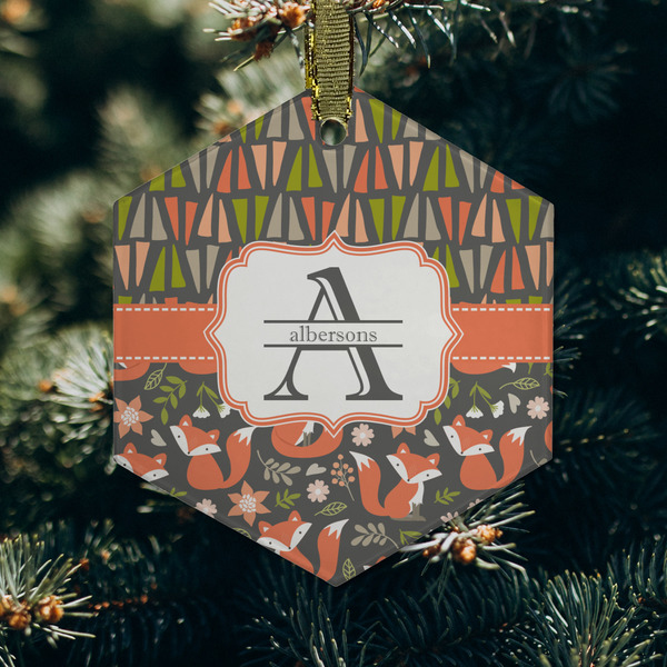 Fox Trail Floral Frosted Glass Ornament - Hexagon (Lifestyle)