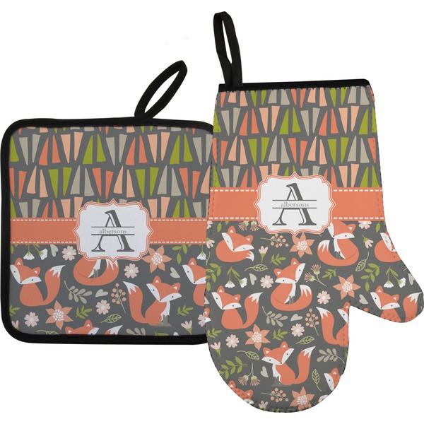 Custom Fox Trail Floral Right Oven Mitt & Pot Holder Set w/ Name and Initial