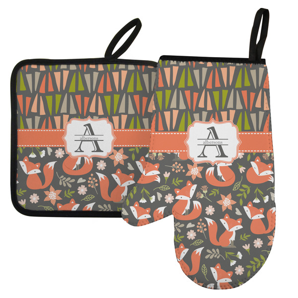 Custom Fox Trail Floral Left Oven Mitt & Pot Holder Set w/ Name and Initial