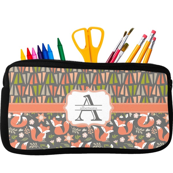 Custom Fox Trail Floral Neoprene Pencil Case - Small w/ Name and Initial