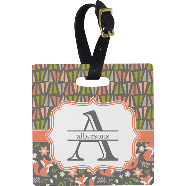 Custom Fox Trail Floral Plastic Luggage Tag - Square w/ Name and Initial