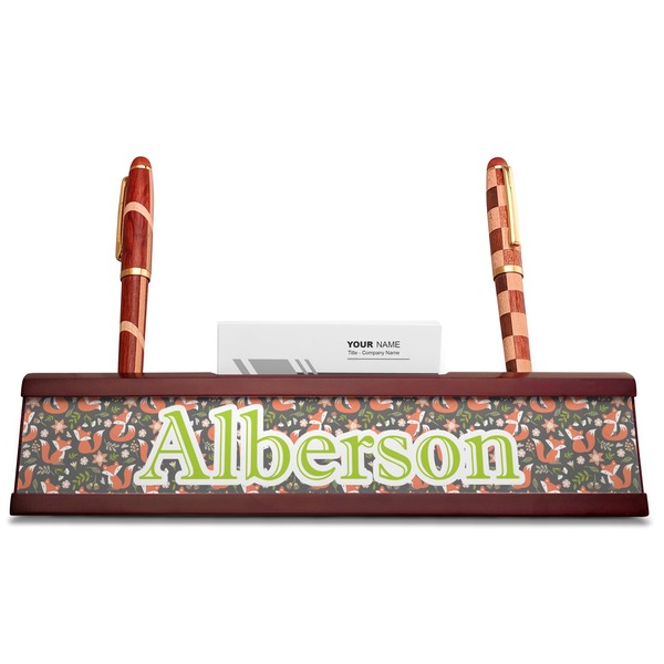 Fox Trail Floral Red Mahogany Nameplates with Business Card Holder - Straight