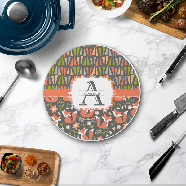 Fox Trail Floral Round Stone Trivet - In Context View