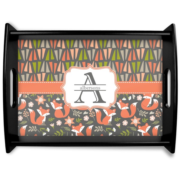 Custom Fox Trail Floral Black Wooden Tray - Large (Personalized)