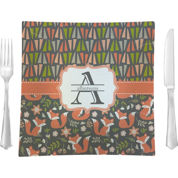 Custom Fox Trail Floral 9.5" Glass Square Lunch / Dinner Plate- Single or Set of 4 (Personalized)