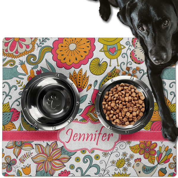 Custom Wild Garden Dog Food Mat - Large w/ Name or Text