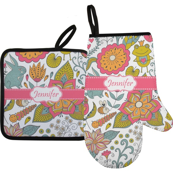 Custom Wild Garden Right Oven Mitt & Pot Holder Set w/ Name or Text