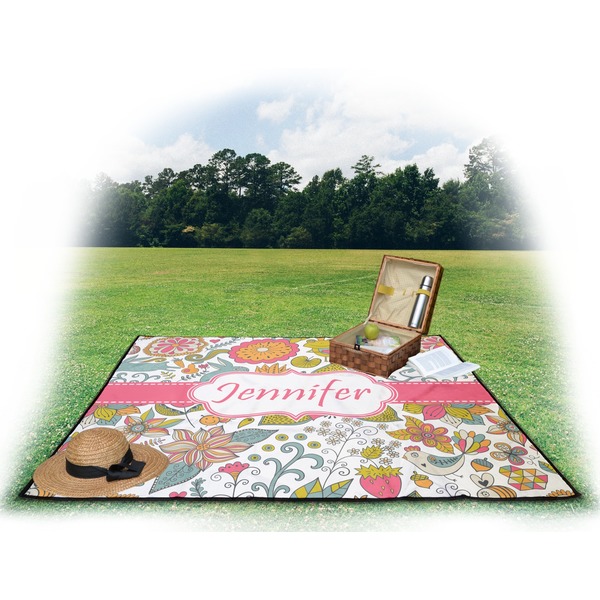 Wild Garden Picnic Blanket - with Basket Hat and Book - in Use