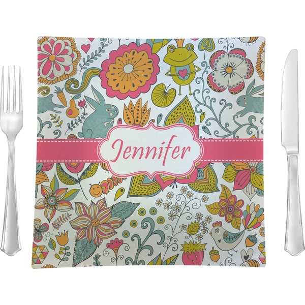 Custom Wild Garden 9.5" Glass Square Lunch / Dinner Plate- Single or Set of 4 (Personalized)