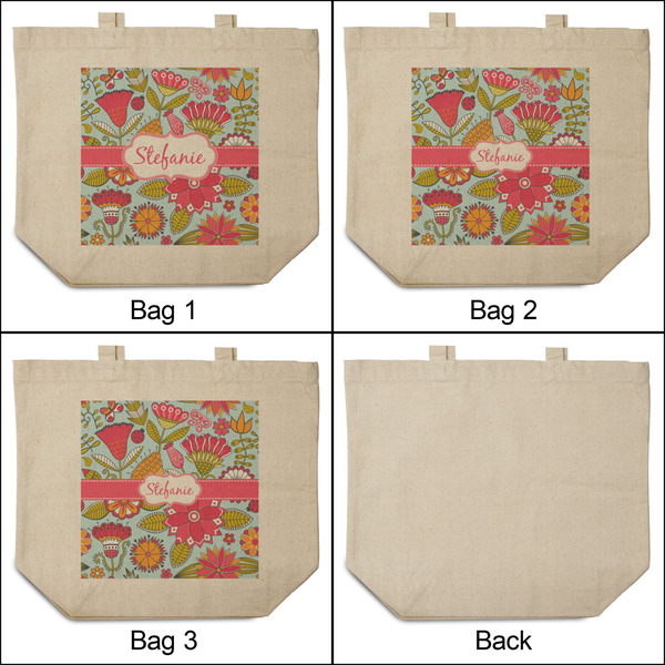 Wild Flowers 3 Reusable Cotton Grocery Bags - Front & Back View