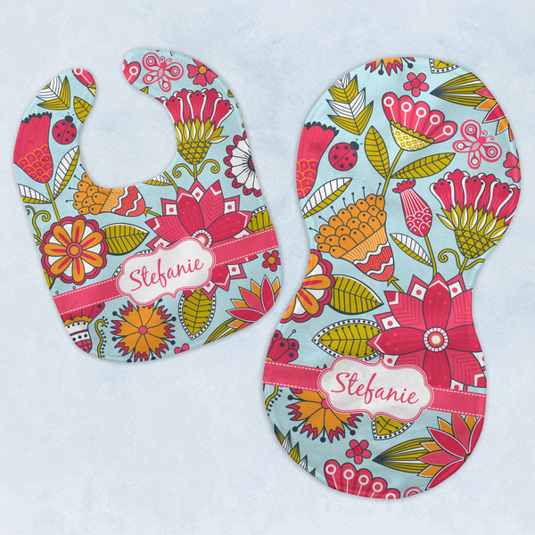 Custom Wild Flowers Baby Bib & Burp Set w/ Name or Text