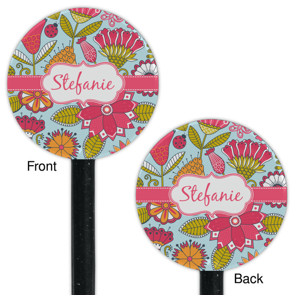 Wild Flowers Black Plastic 5.5" Stir Stick - Double Sided - Round - Front & Back