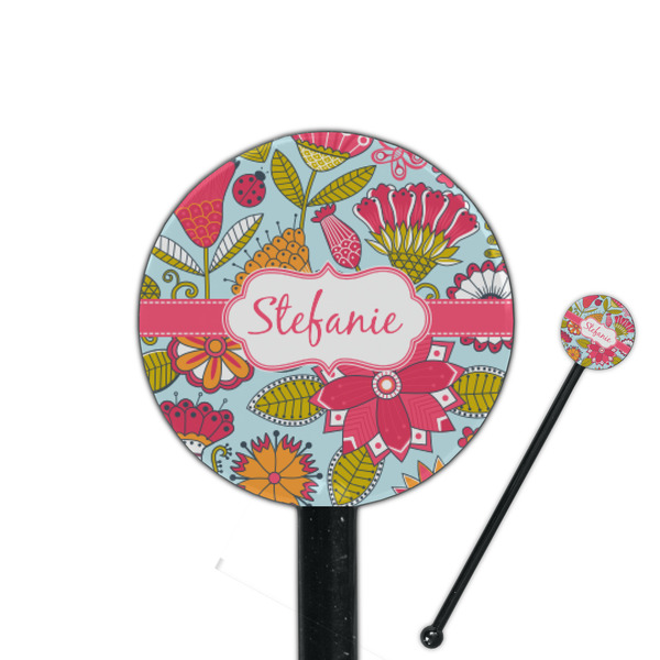 Custom Wild Flowers 5.5" Round Plastic Stir Sticks - Black - Double Sided (Personalized)