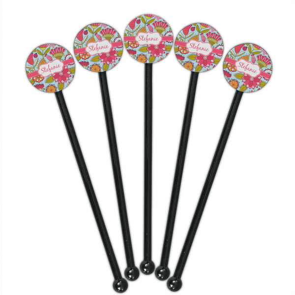 Wild Flowers Black Plastic 5.5" Stir Stick - Round - Fan View
