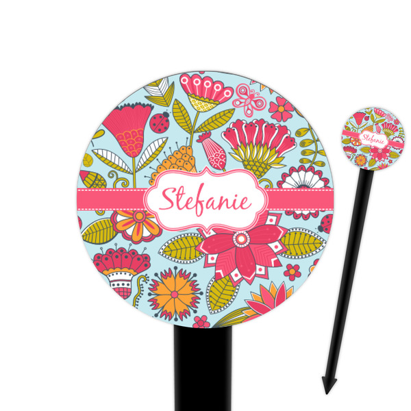 Custom Wild Flowers 6" Round Plastic Food Picks - Black - Double Sided (Personalized)