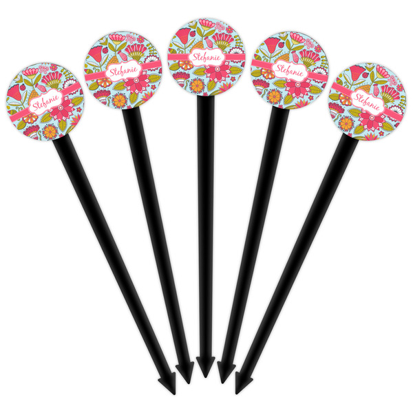 Wild Flowers Black Plastic 6" Food Pick - Round - Fan View