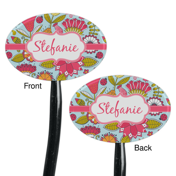 Wild Flowers Black Plastic 7" Stir Stick - Double Sided - Oval - Front & Back