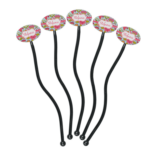 Wild Flowers Black Plastic 7" Stir Stick - Oval - Fan