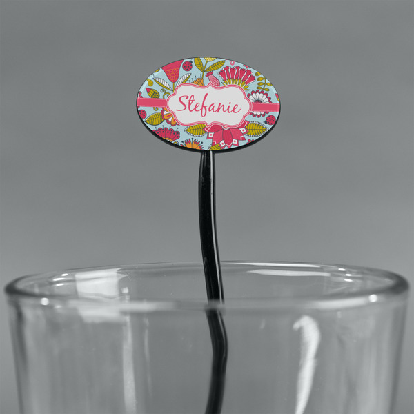 Wild Flowers Black Plastic 7" Stir Stick - Oval - Main