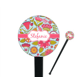 Wild Flowers 7" Round Plastic Stir Sticks - Black - Single Sided (Personalized)