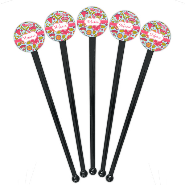 Wild Flowers Black Plastic 7" Stir Stick - Round - Fan View