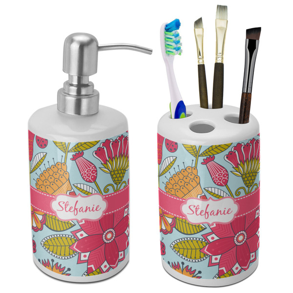 Custom Wild Flowers Ceramic Bathroom Accessories Set (Personalized)