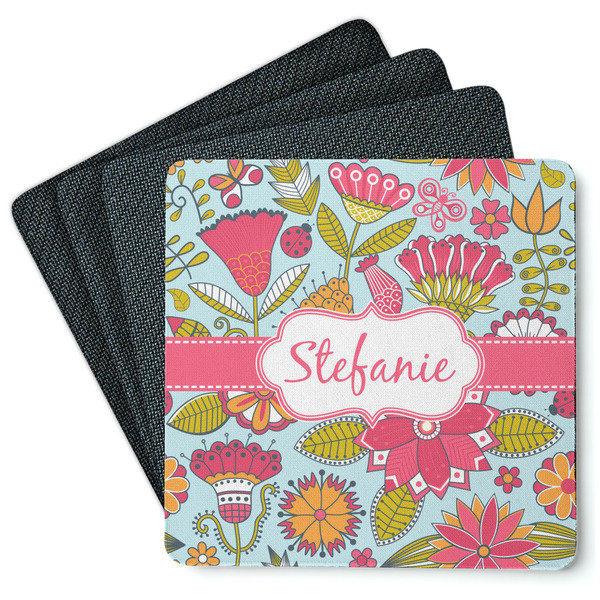 Custom Wild Flowers Square Rubber Backed Coasters - Set of 4 (Personalized)