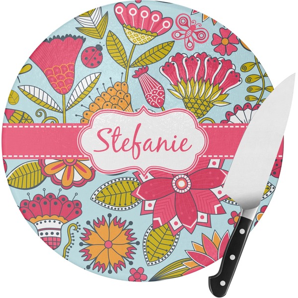 Custom Wild Flowers Round Glass Cutting Board - Medium (Personalized)