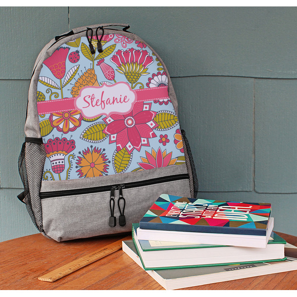 Wild Flowers Large Backpack - Gray - On Desk