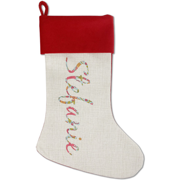 Custom Wild Flowers Red Linen Stocking (Personalized)