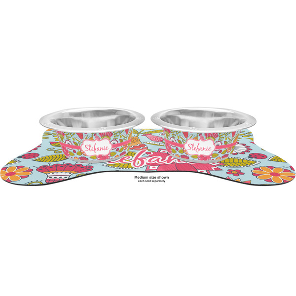 Wild Flowers Metal Pet Bowls - On Dog Bone Shaped Mat