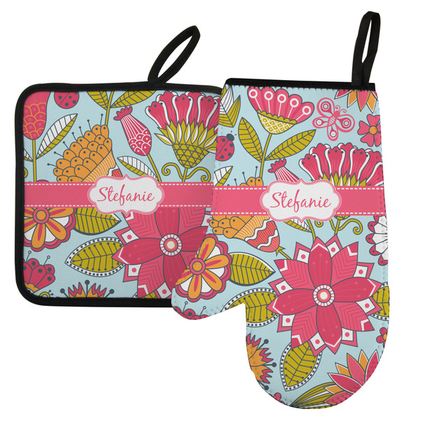 Custom Wild Flowers Left Oven Mitt & Pot Holder Set w/ Name or Text