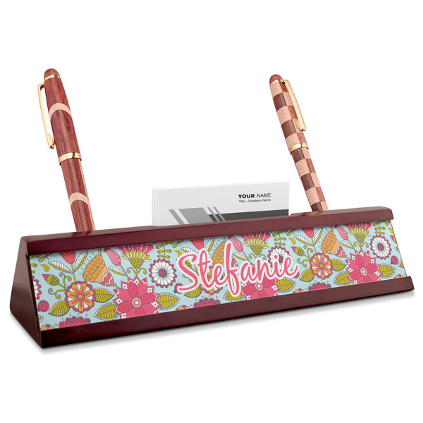 Custom Wild Flowers Red Mahogany Nameplate with Business Card Holder (Personalized)