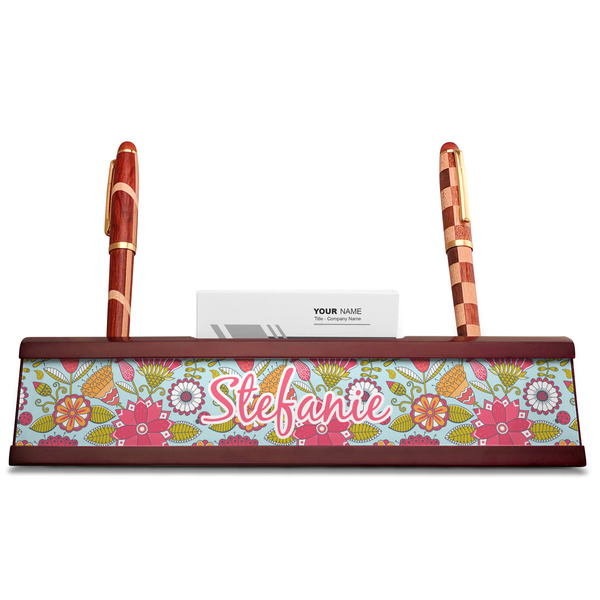 Wild Flowers Red Mahogany Nameplates with Business Card Holder - Straight