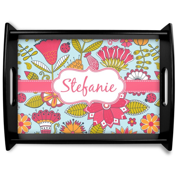 Custom Wild Flowers Black Wooden Tray - Large (Personalized)
