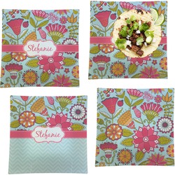 Wild Flowers Set of 4 Glass Square Lunch / Dinner Plate 9.5" (Personalized)