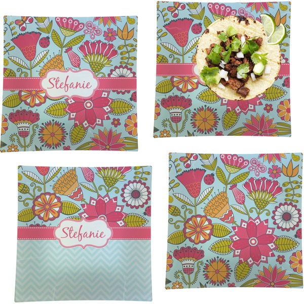 Custom Wild Flowers Set of 4 Glass Square Lunch / Dinner Plate 9.5" (Personalized)