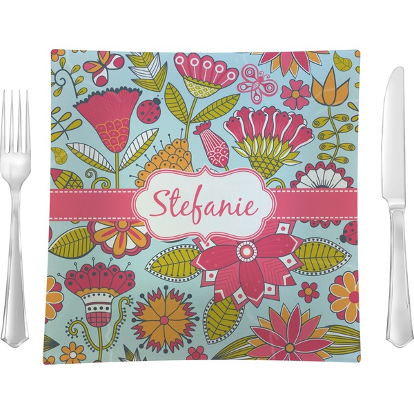 Custom Wild Flowers 9.5" Glass Square Lunch / Dinner Plate- Single or Set of 4 (Personalized)