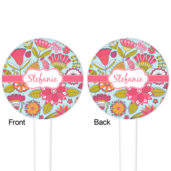 Wild Flowers White Plastic 4" Food Pick - Round - Double Sided - Front & Back