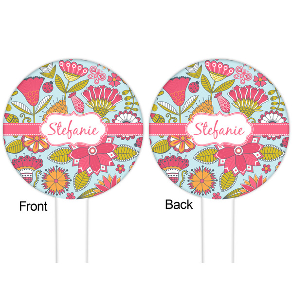 Wild Flowers White Plastic 6" Food Pick - Round - Double Sided - Front & Back