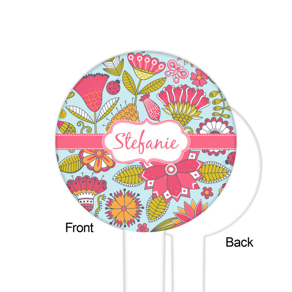Wild Flowers White Plastic 6" Food Pick - Round - Single Sided - Front & Back