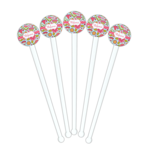 Wild Flowers White Plastic 7" Stir Stick - Round - Fan View